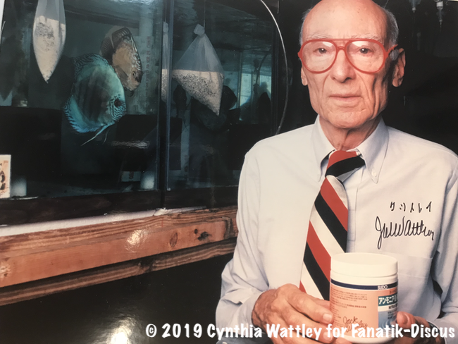 Jack Wattley in his Ft Lauderdale Florida hatchery around 1999 with filtering material endorsing for Mitsuru Hirose's company